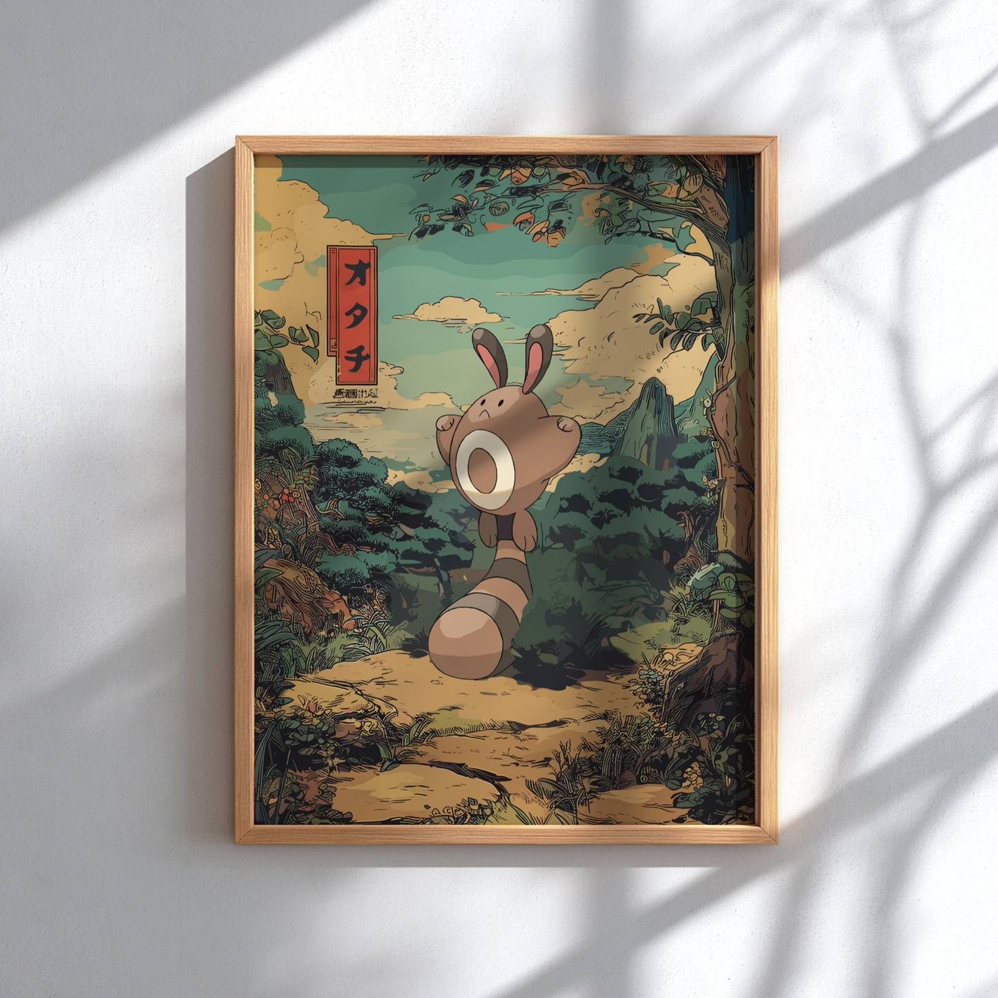 Framed artwork of Sentret Pokemon in a forest setting with Japanese text on a white wall.