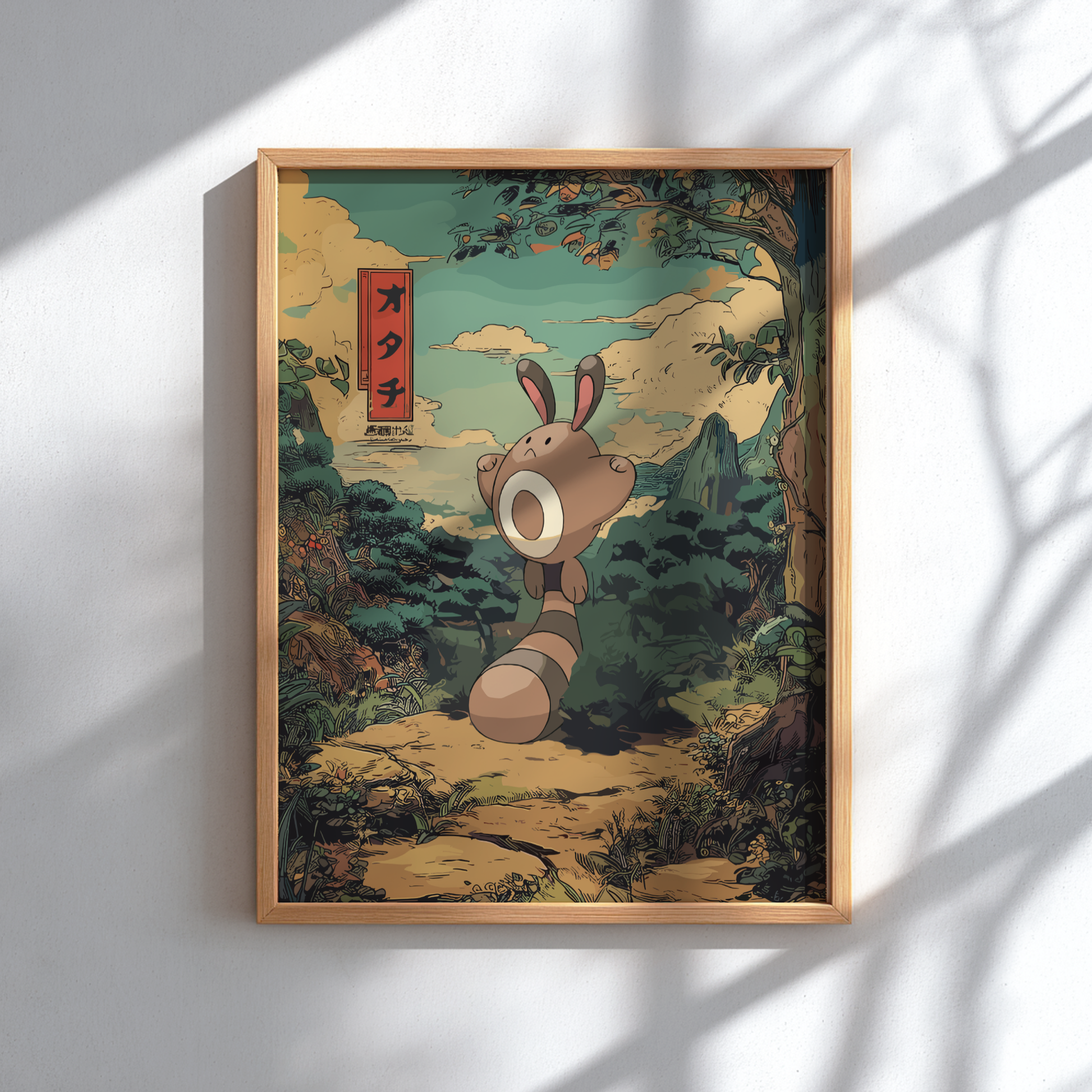 Framed artwork of Sentret Pokemon in a forest setting with Japanese text on a white wall.