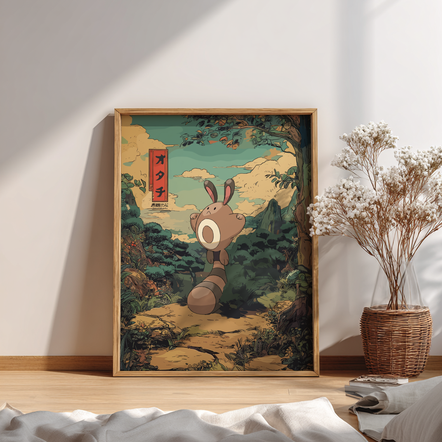 Framed artwork of Sentret Pokemon in a natural setting on a wall.