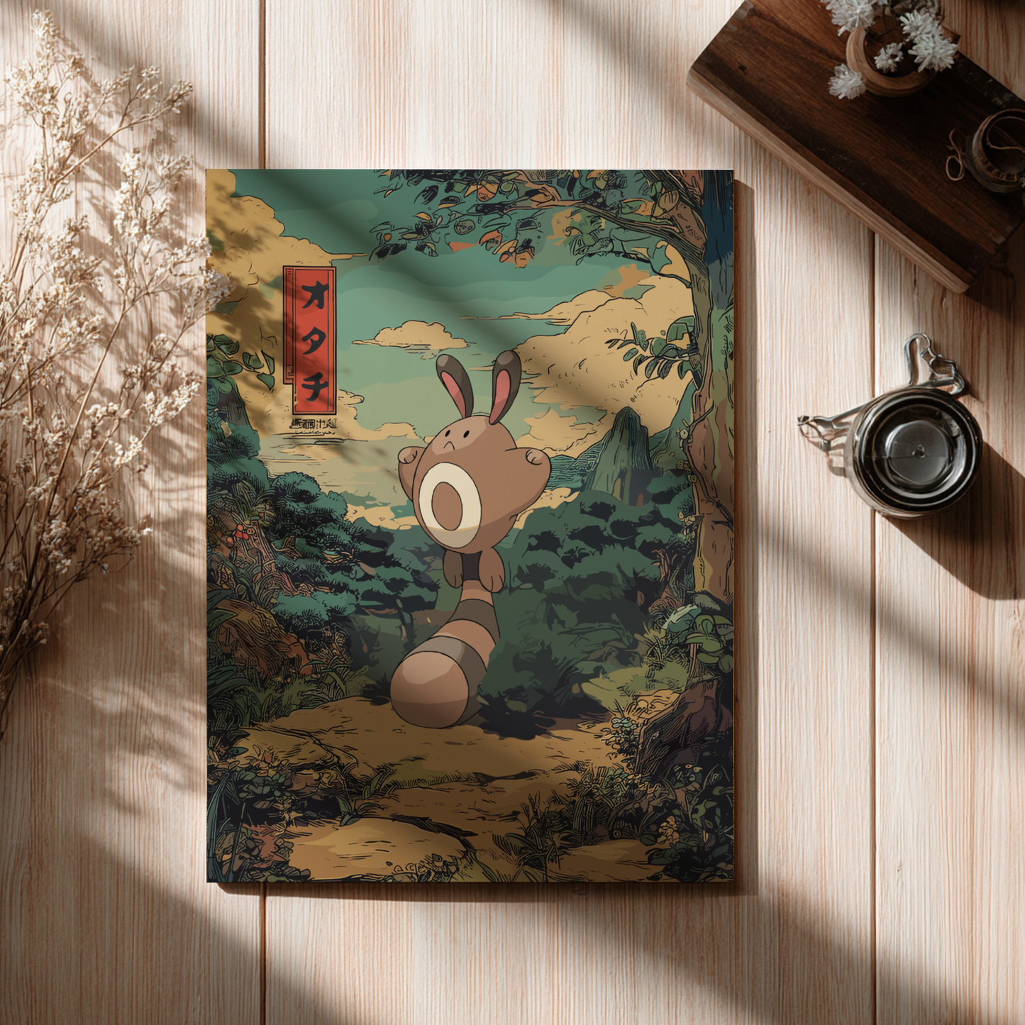 Canvas print of Sentret Pokemon in a scenic setting on a wooden surface with a cup and branches.