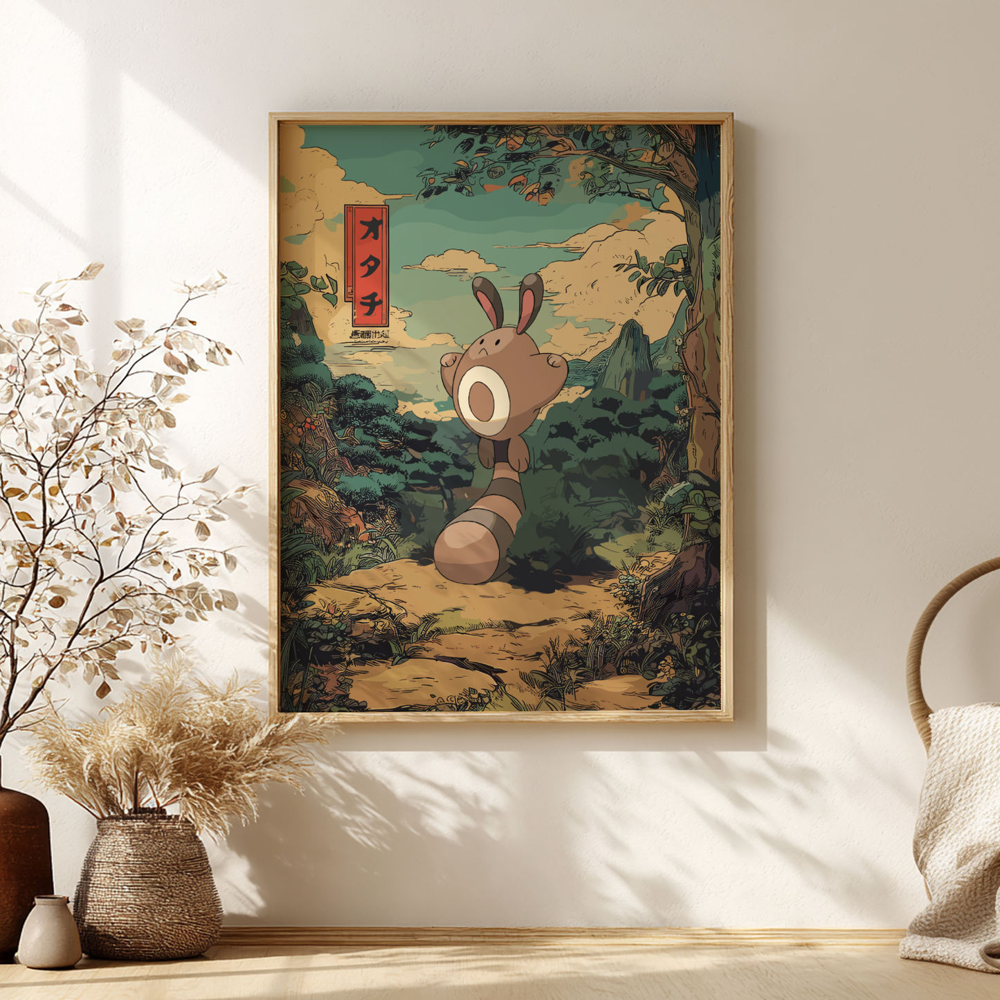 Framed artwork of Sentret Pokemon in a natural setting on a wall with decorative elements.