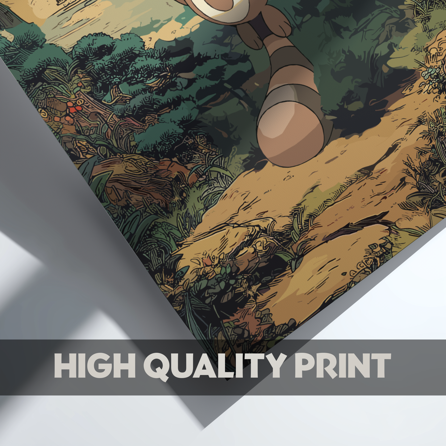 Illustration of Sentret Pokemon in a forest, labeled 'High Quality Print'.