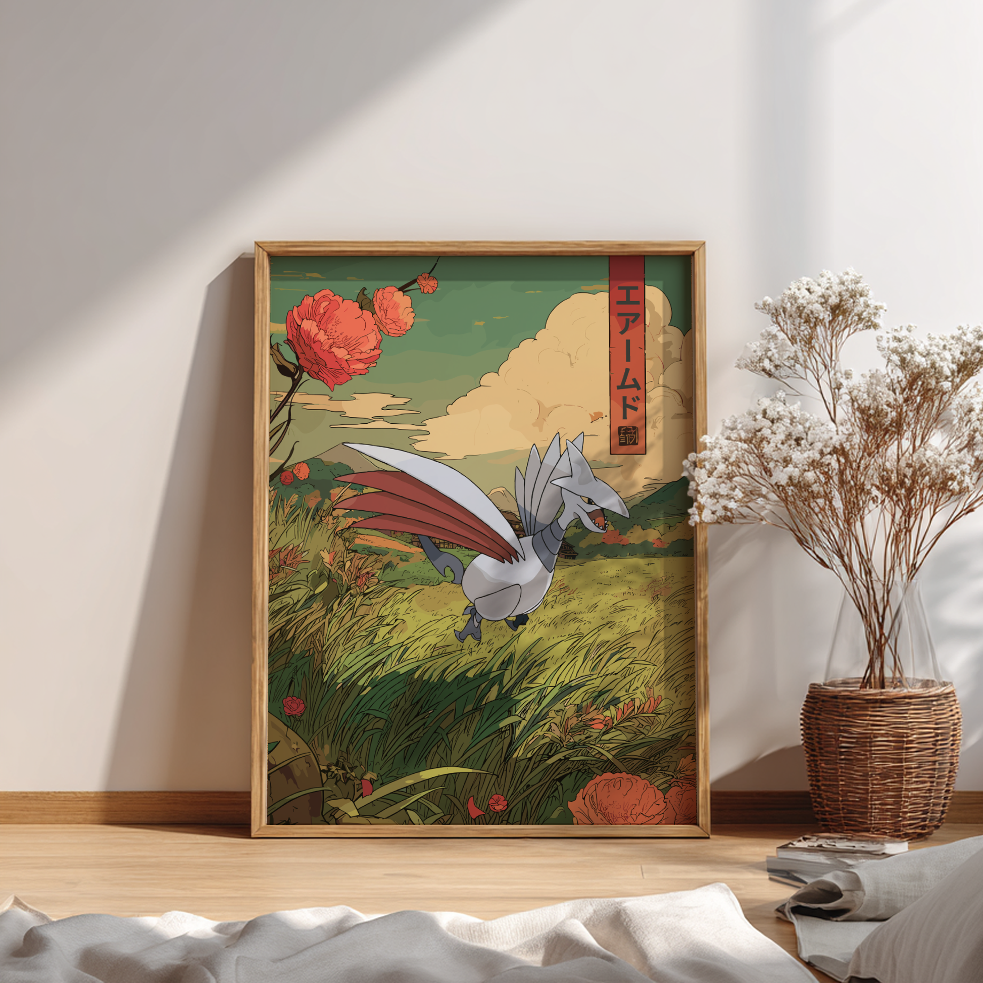 Framed artwork of Skarmory Pokemon in a field with flowers on a wall.