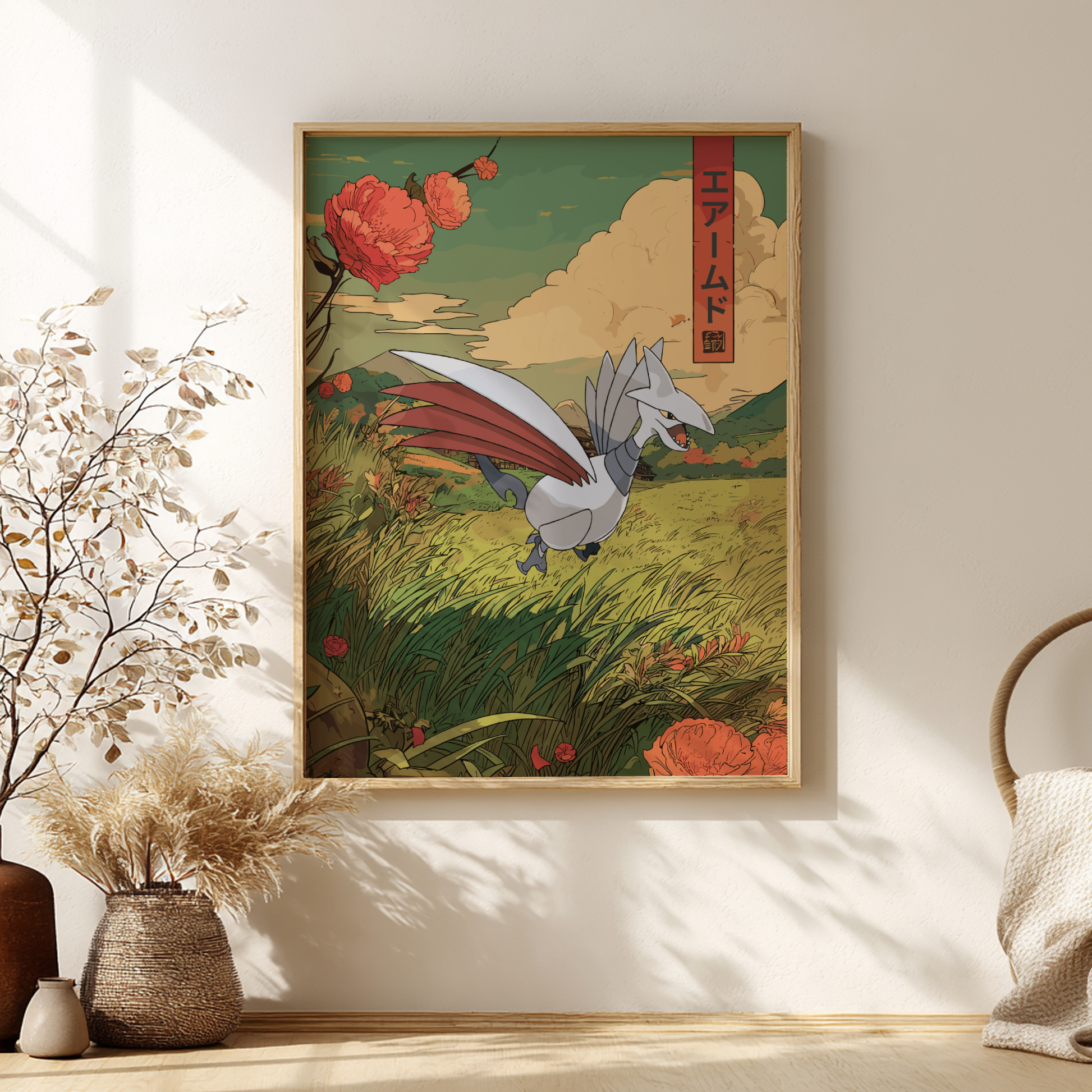 Framed artwork of Skarmory Pokemon and flowers on a wall with decorative elements.