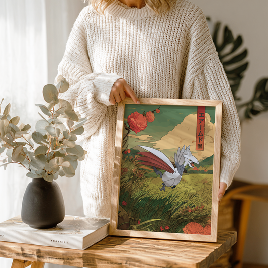 Person holding a framed artwork of Skarmory Pokemon in a natural setting