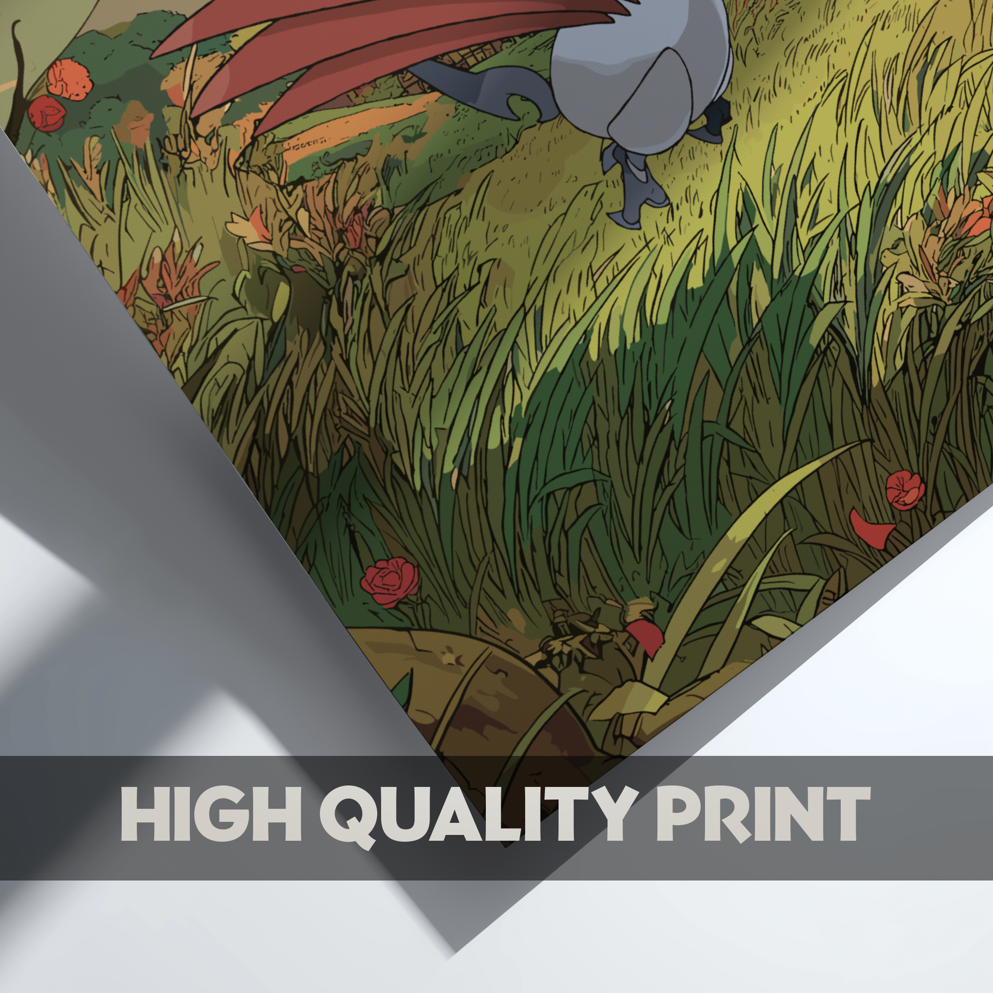 Skarmory Pokemon in a forest setting with 'High Quality Print' text overlay