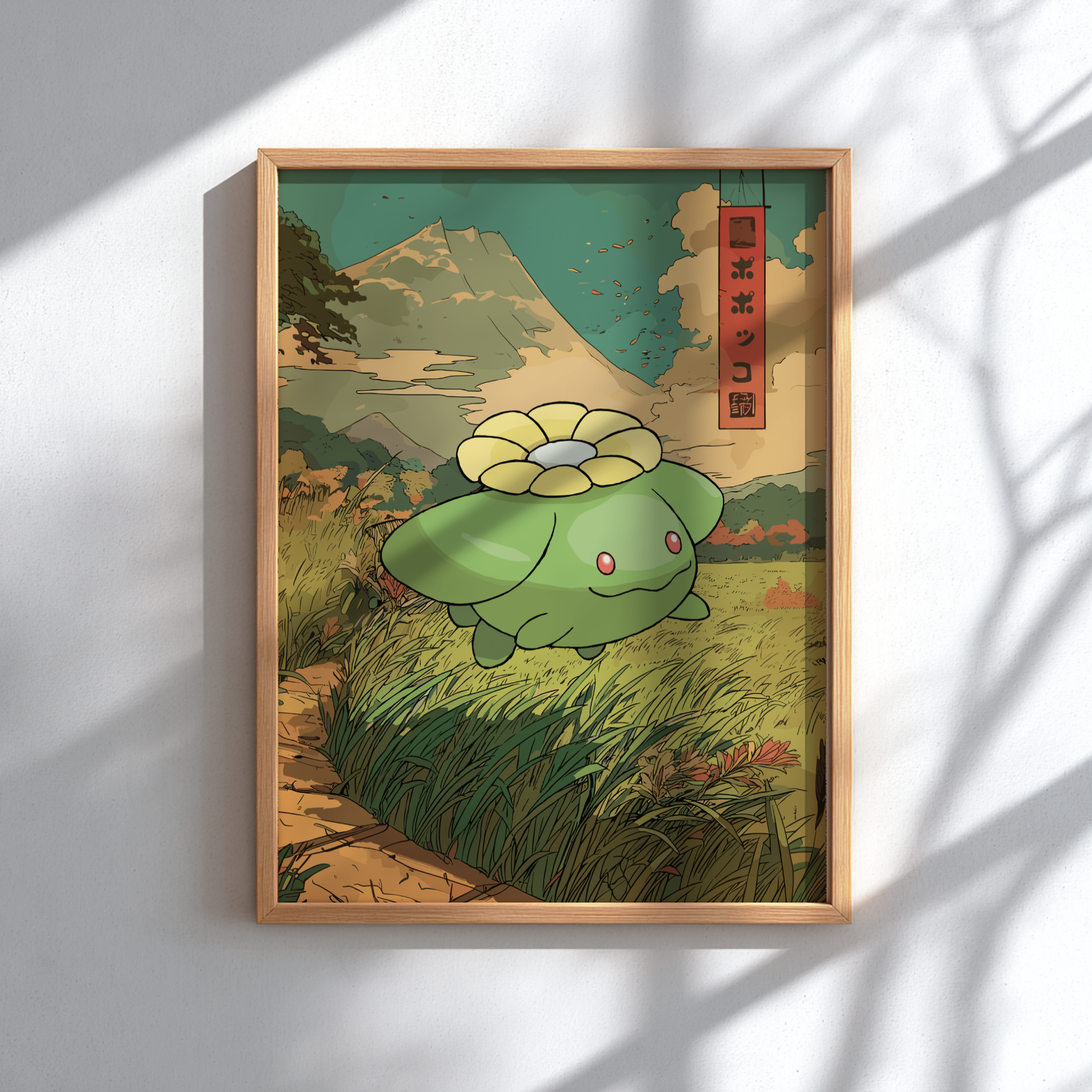 Framed artwork of Skiploom Pokemon design in a landscape setting.