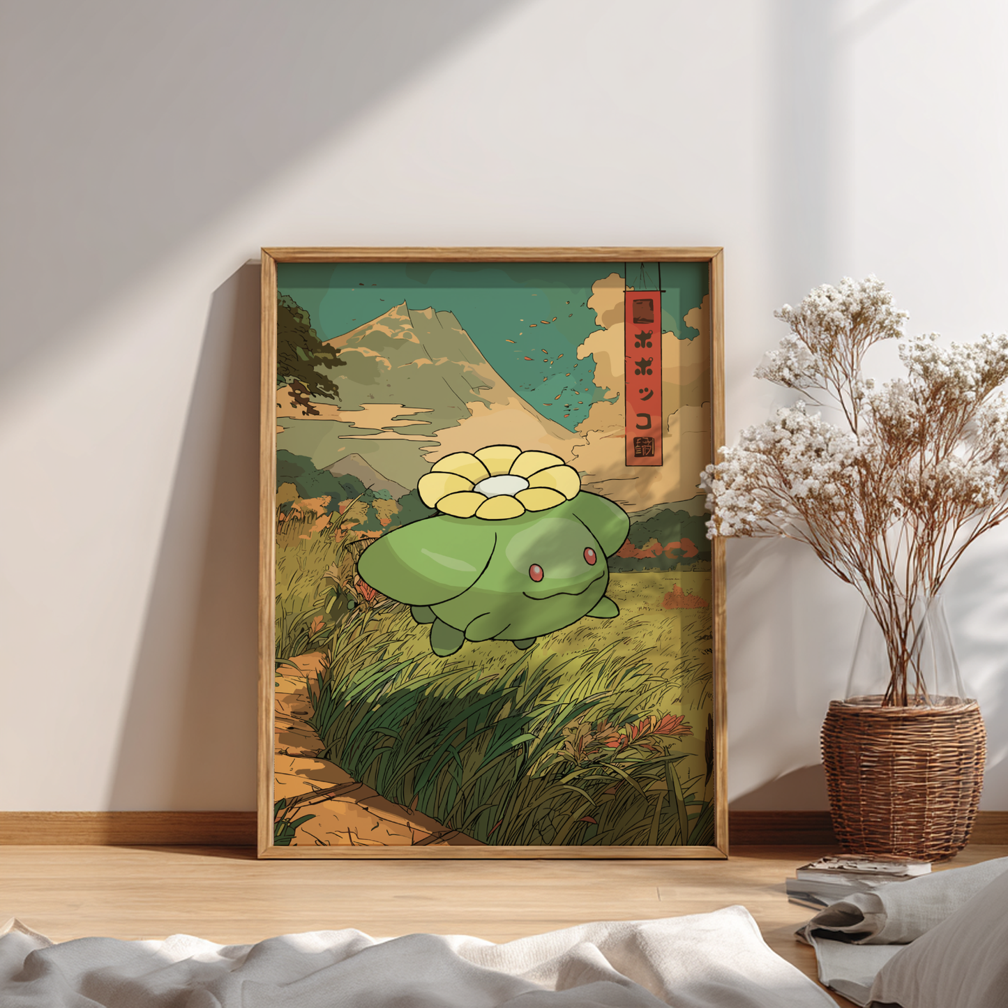 Framed artwork of Skiploom Pokemon in a room with a plant and books.