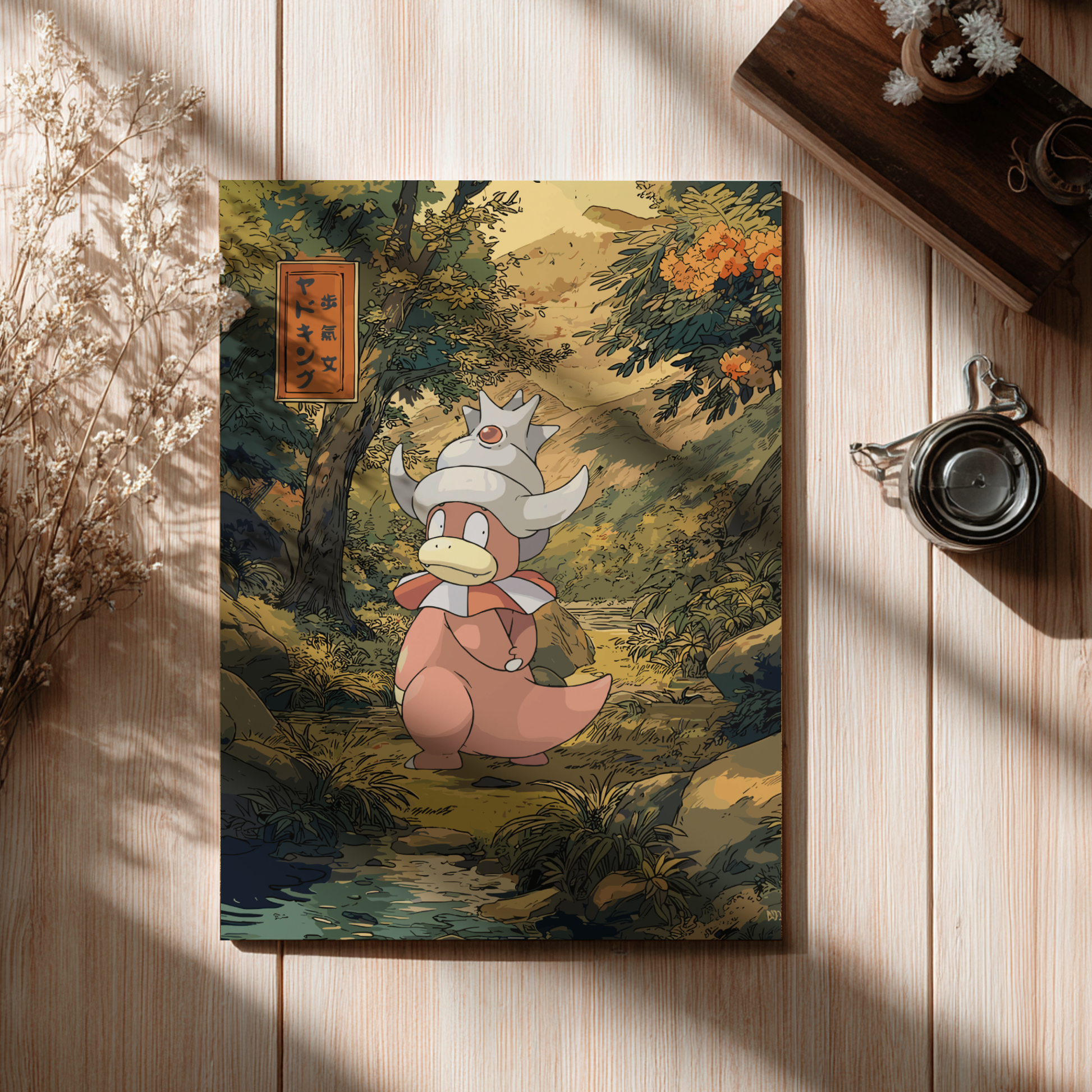 Illustration of Slowking Pokémon in a forest setting on a wooden surface with a cup and decorative elements.
