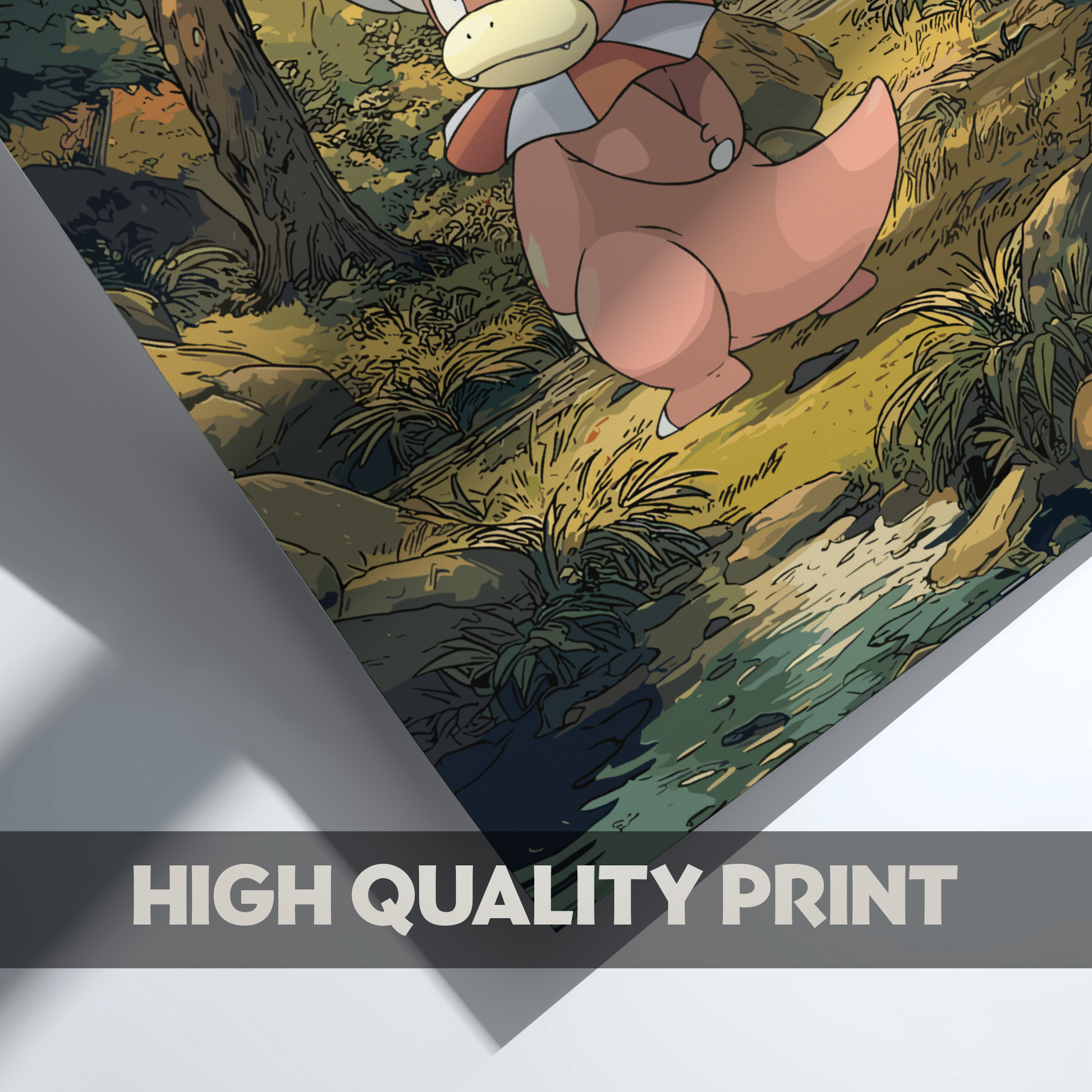 Slowking Pokémon character in a forest with 'High Quality Print' text overlay