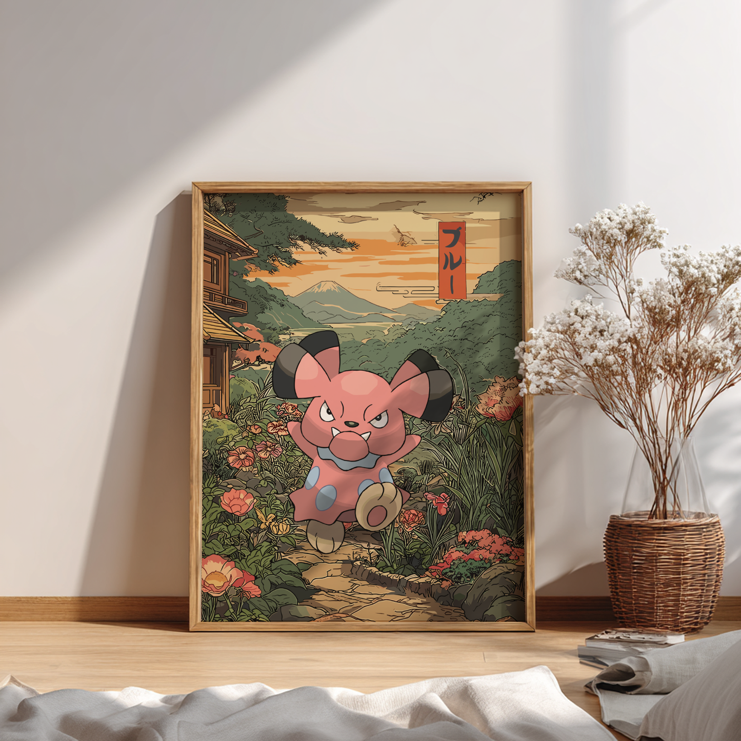 Framed artwork of Snubbull Pokémon character in a Japanese-style garden setting on a wall.