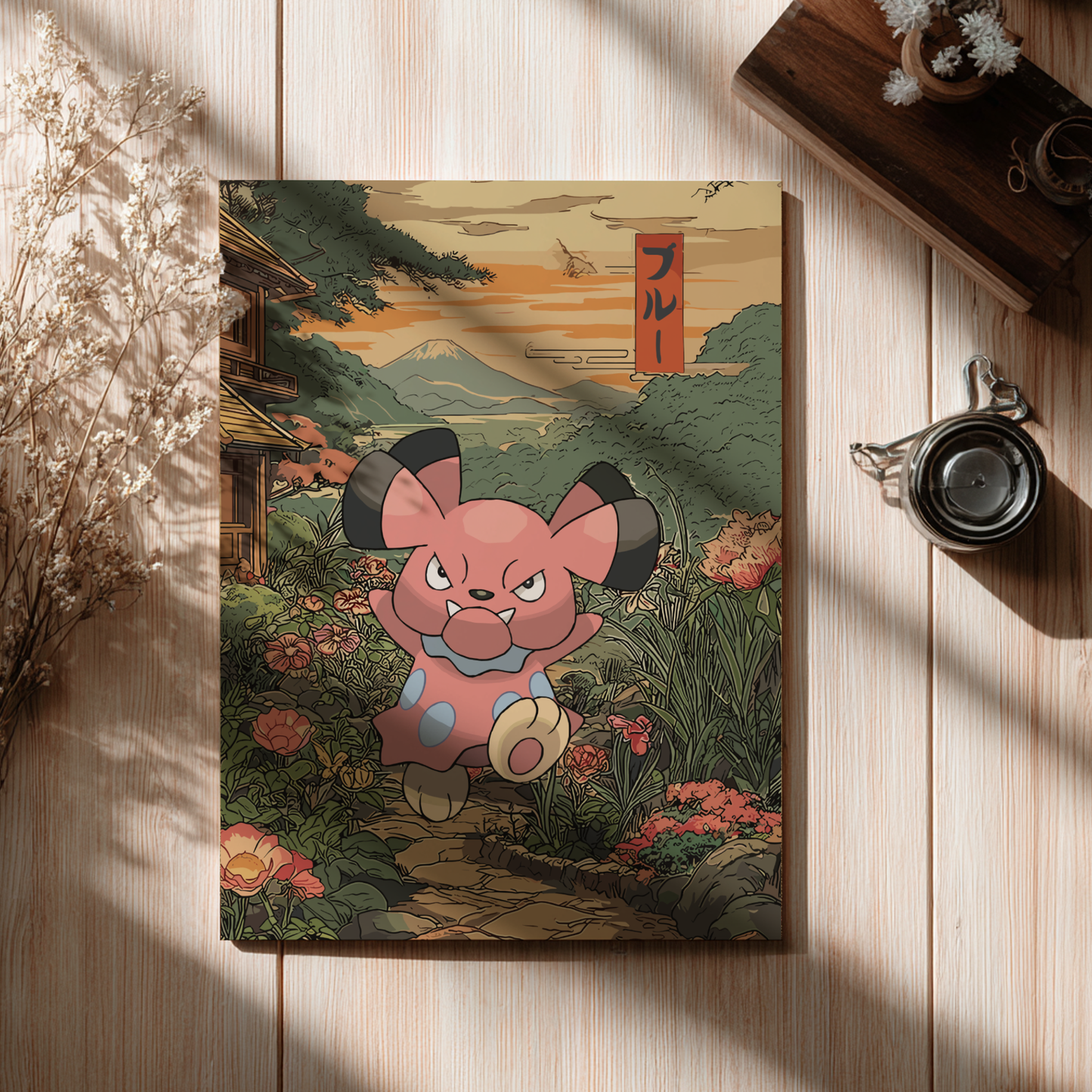 Anime-style illustration ofSnubbull Pokémon with a mountainous landscape in the background on a wooden surface.