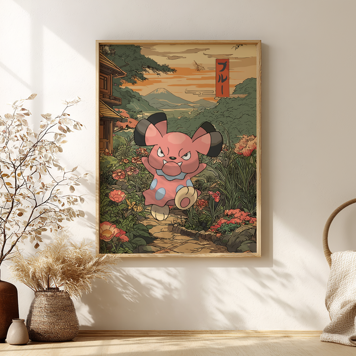 Framed artwork of Snubbull Pokémon character in a Japanese-style landscape on a wall.