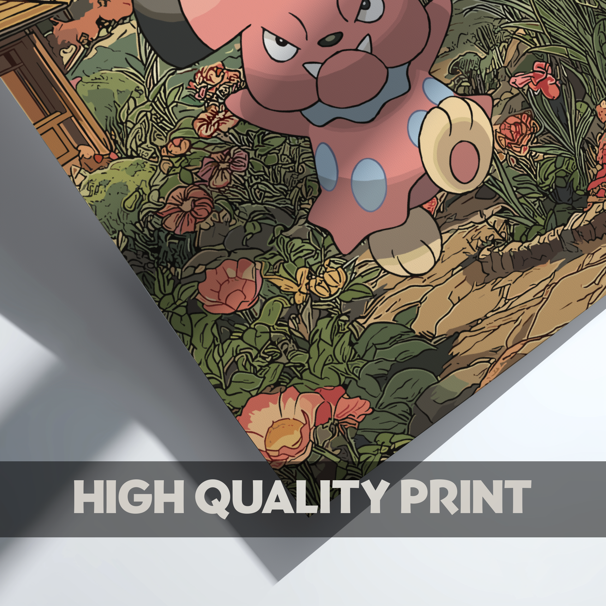 Snubbull Pokémon character in a garden with flowers and plants, labeled 'High Quality Print'.