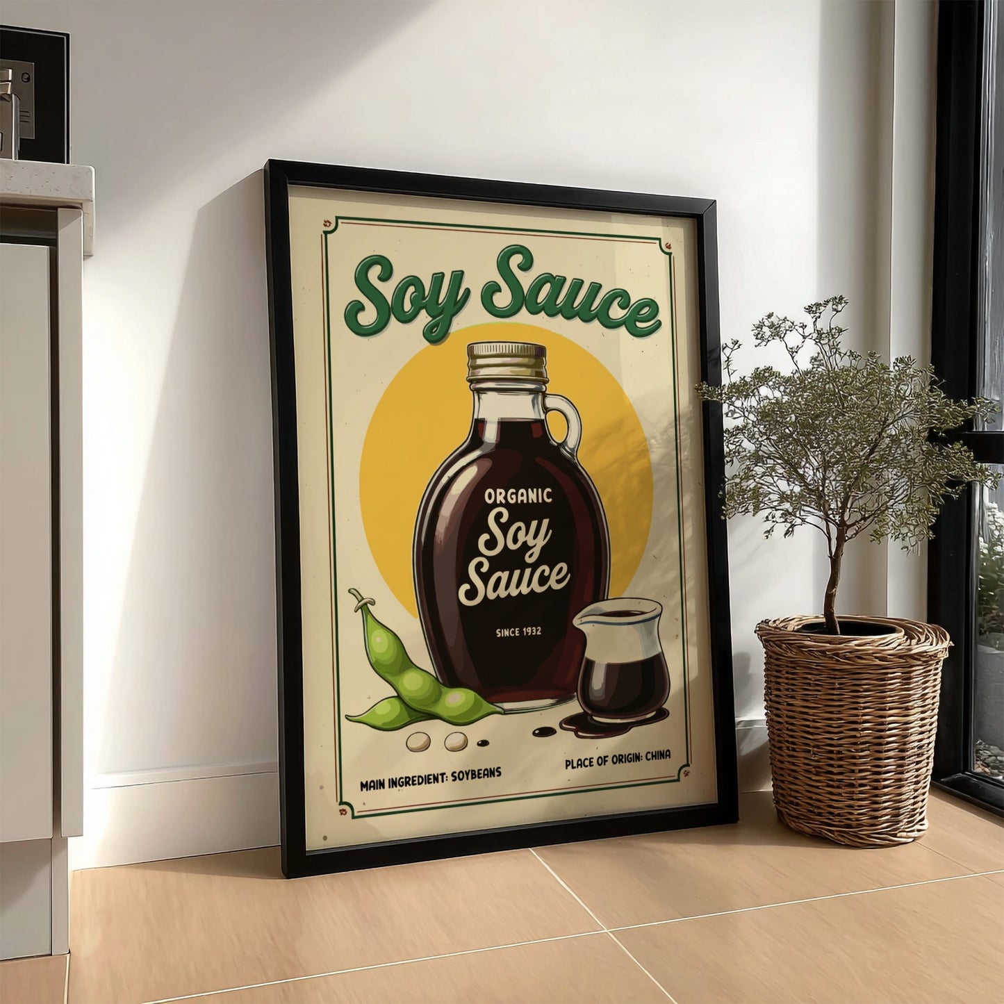 Framed poster of organic soy sauce with a plant and basket in the background