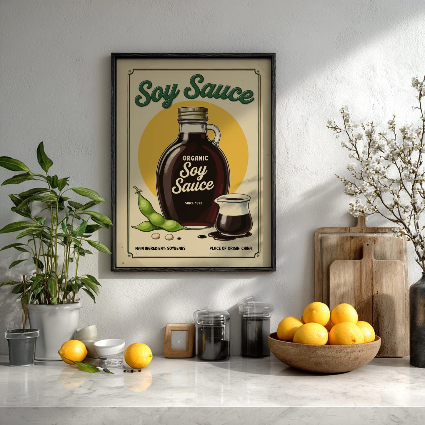 Framed soy sauce poster on a kitchen wall with lemons and plants.