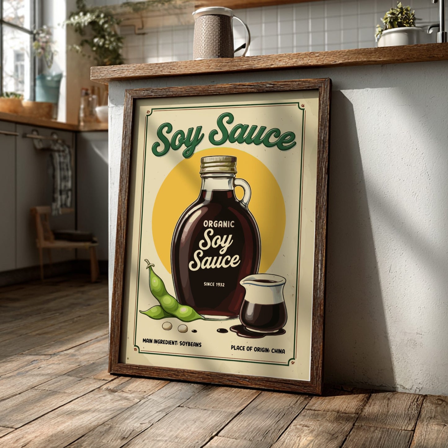 Framed poster of organic soy sauce with a kitchen setting in the background