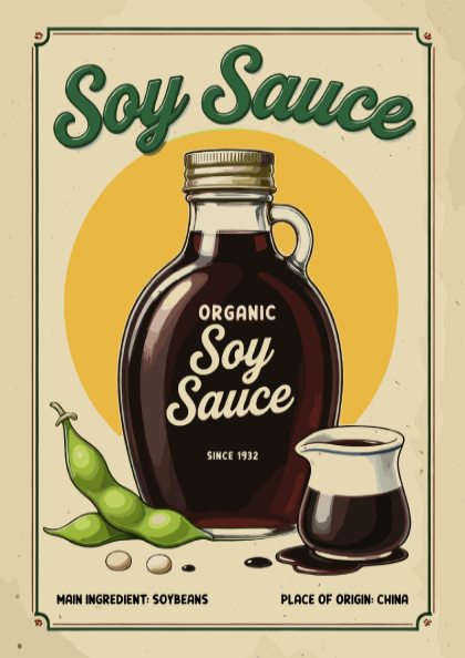 Vintage-style poster of organic soy sauce with a bottle, cup, and edamame beans.