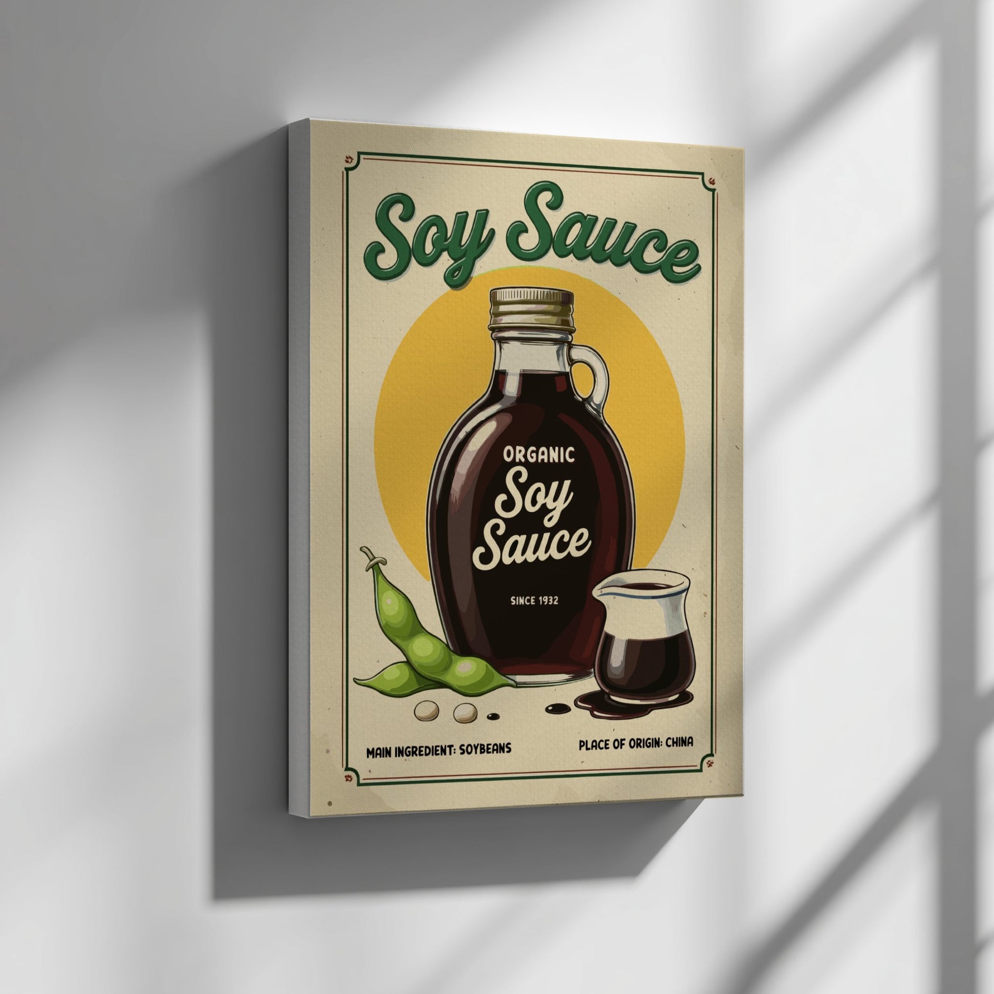 Soy sauce-themed decorative wall art on a gray wall