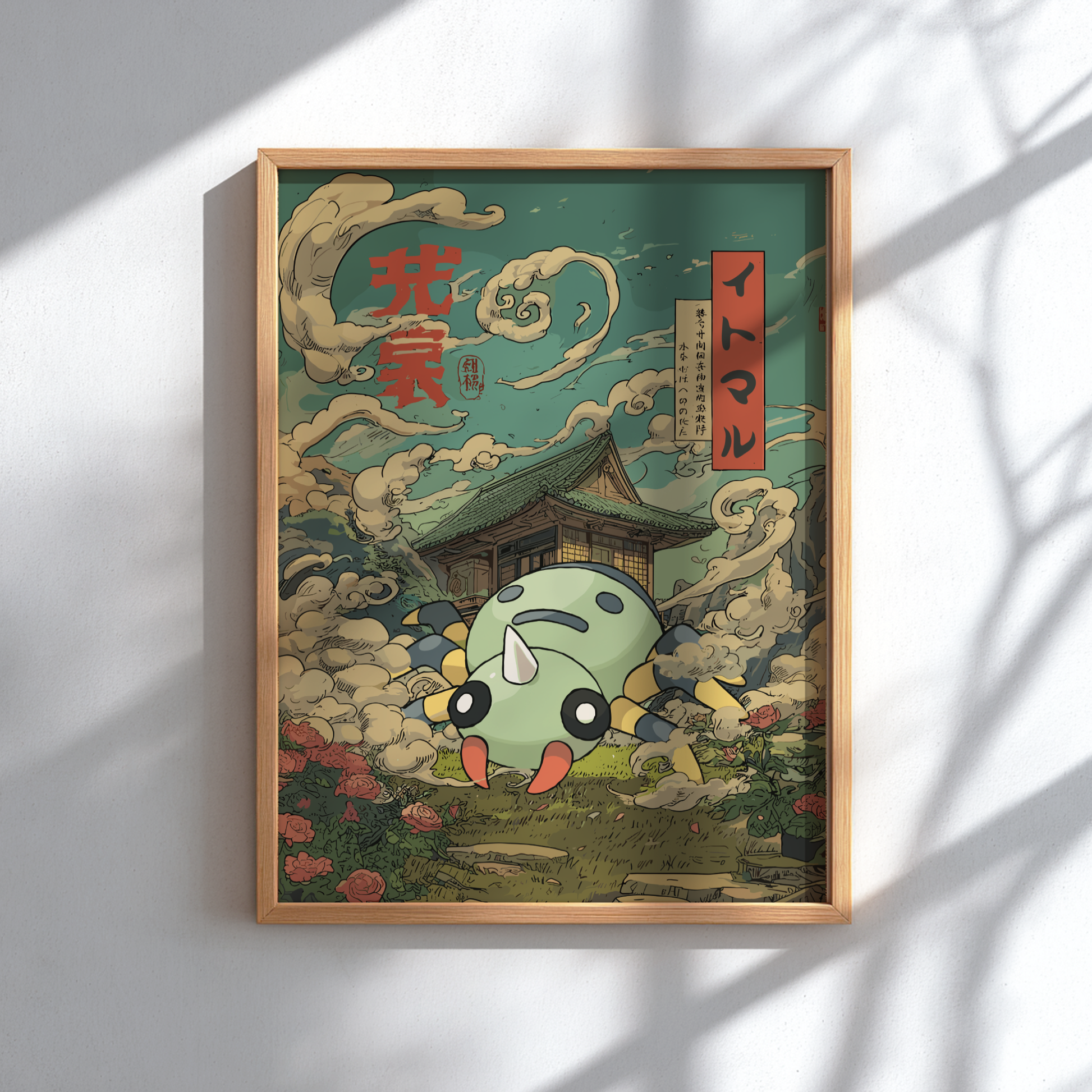 Framed artwork with Spinarak Pokémon character in a traditional Japanese setting