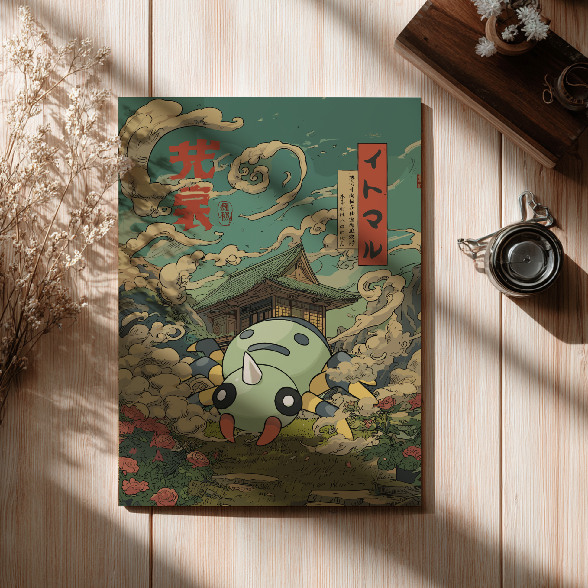 Colorful poster with Spinarak Pokémon  character and traditional design on a wooden surface.
