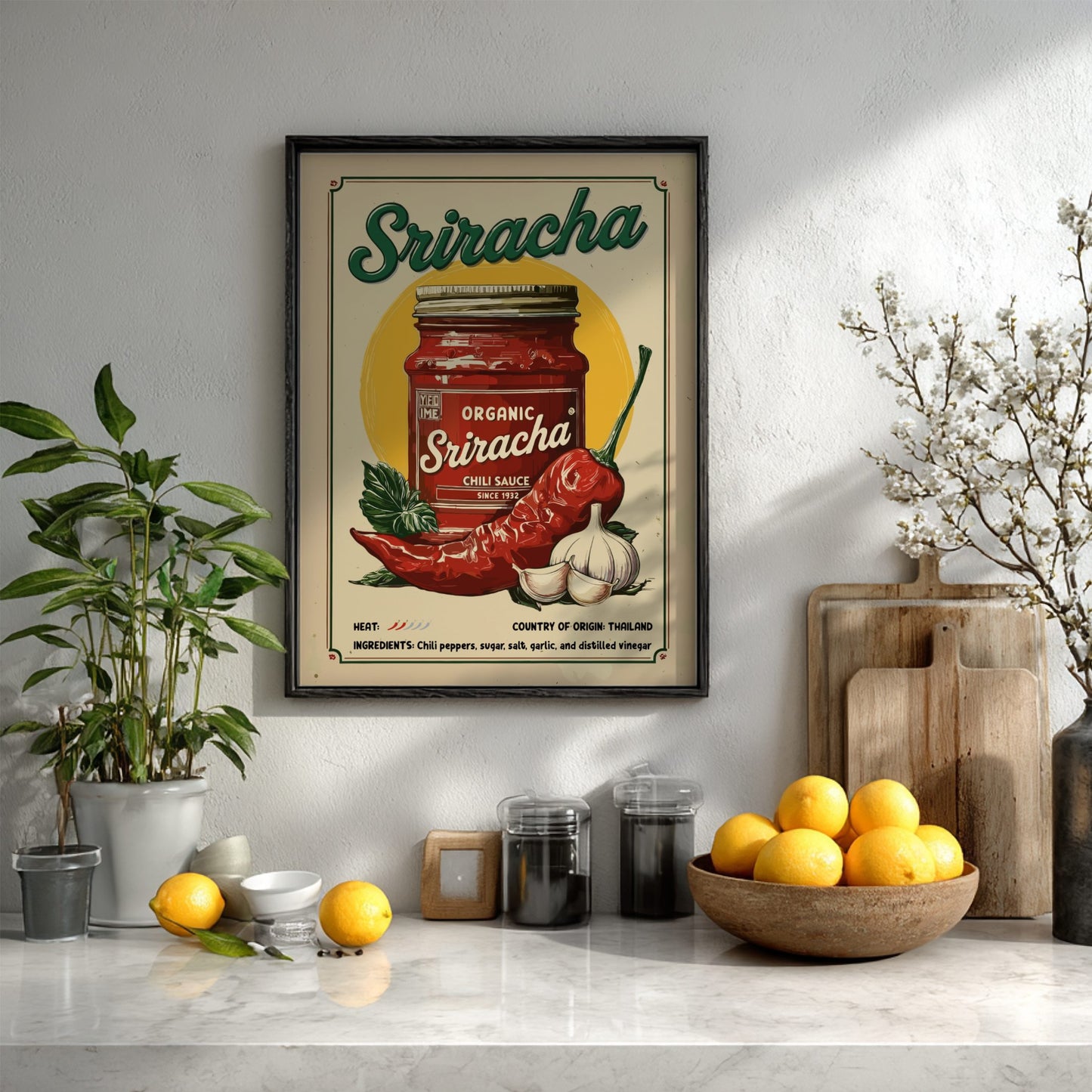 Framed Sriracha poster on a kitchen wall with fruits and plants.