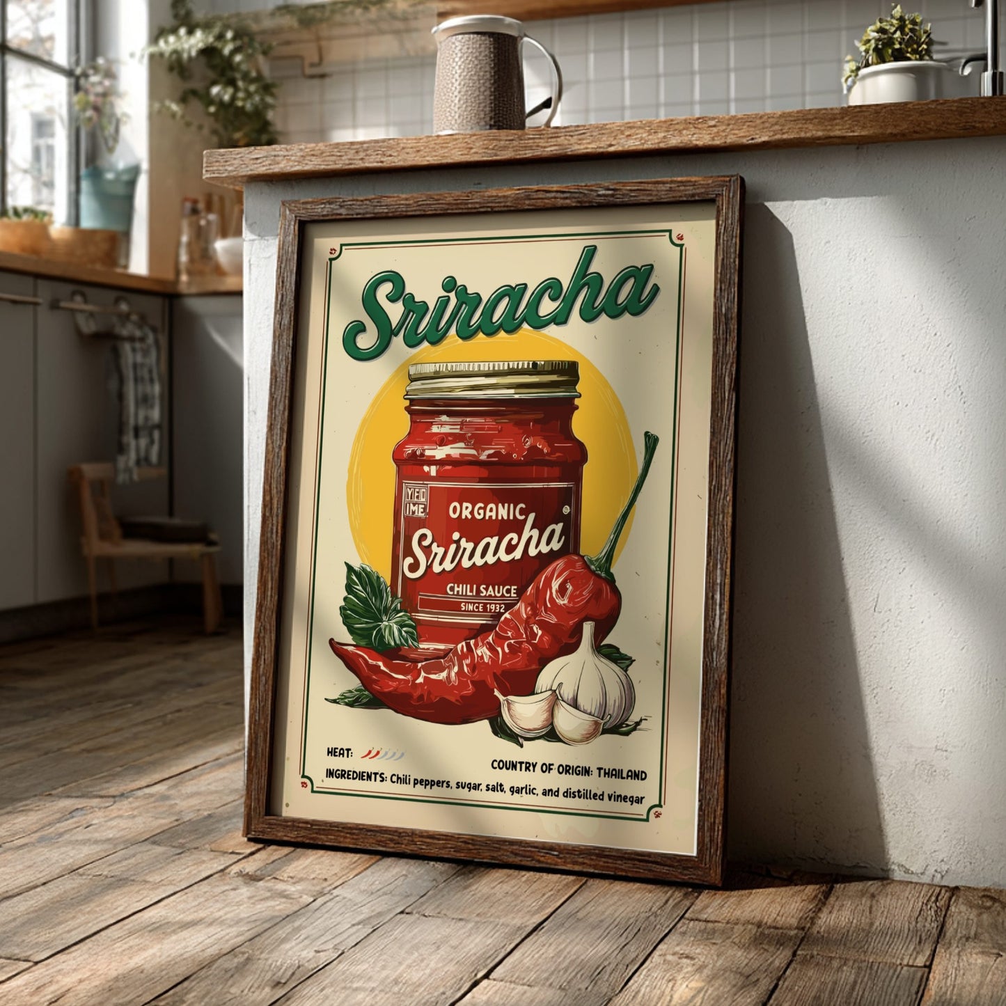 Framed Sriracha sauce poster on a wooden surface in a kitchen setting