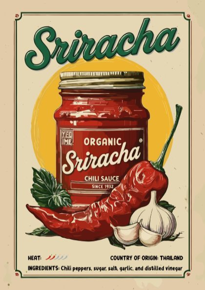 Vintage-style poster of Organic Sriracha chili sauce with a jar, peppers, and garlic on a beige background.