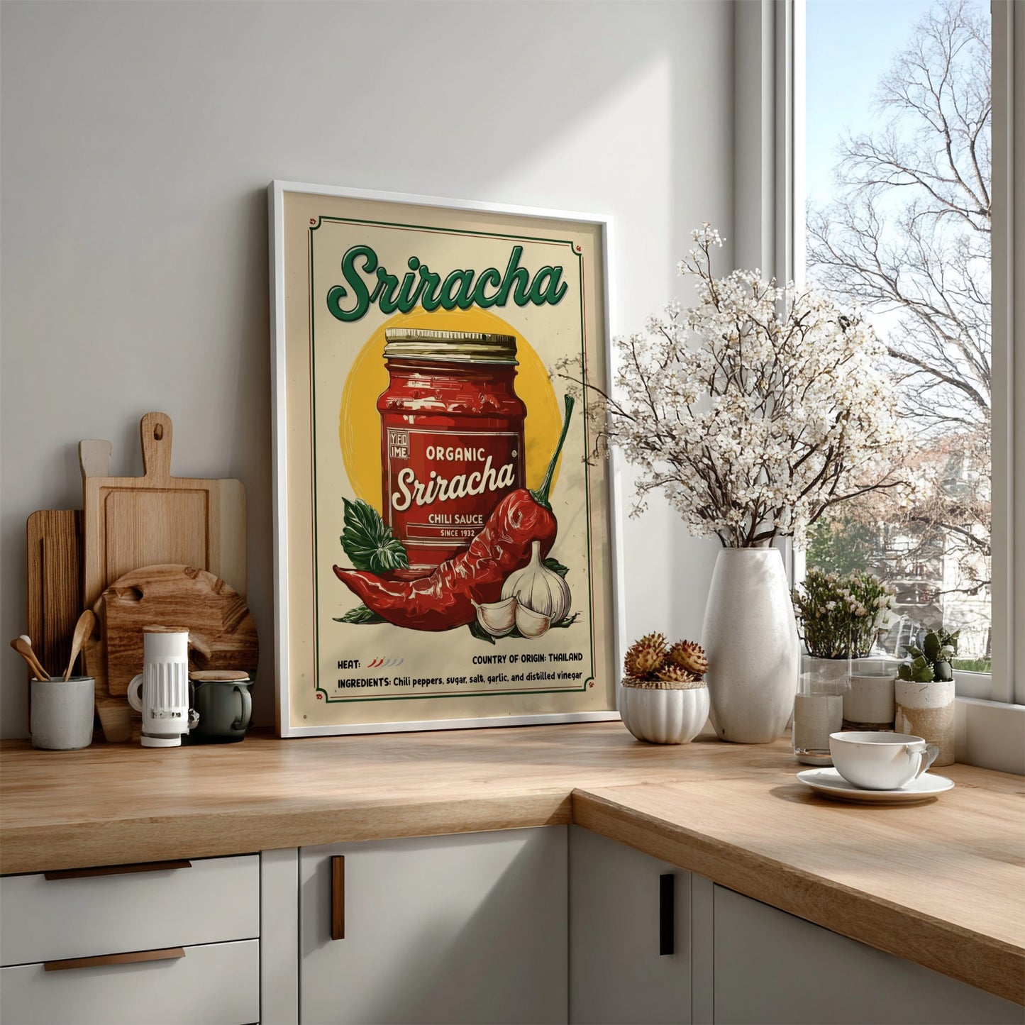 Kitchen counter with a Sriracha poster, cutting boards, and decorative items.