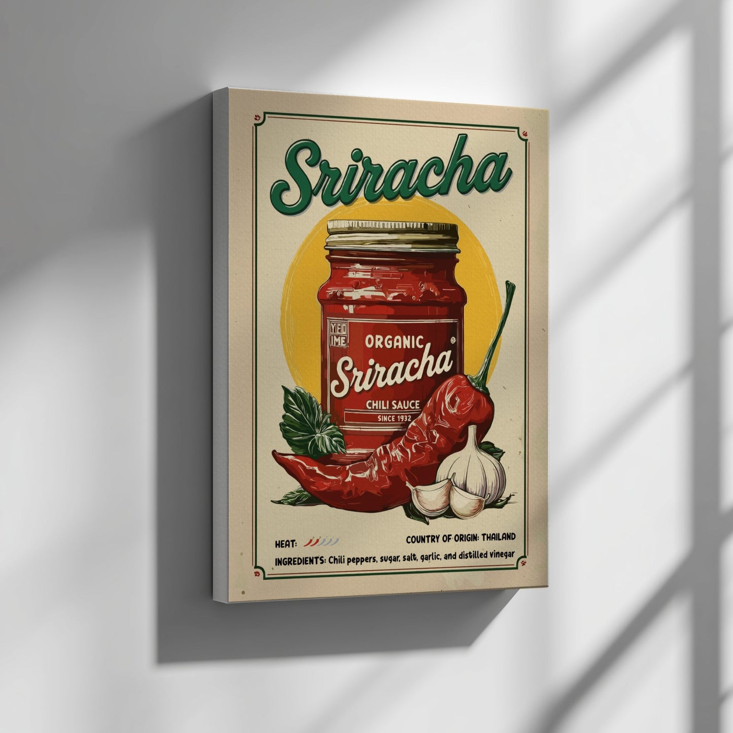 Canvas print of a Sriracha bottle design on a wall.