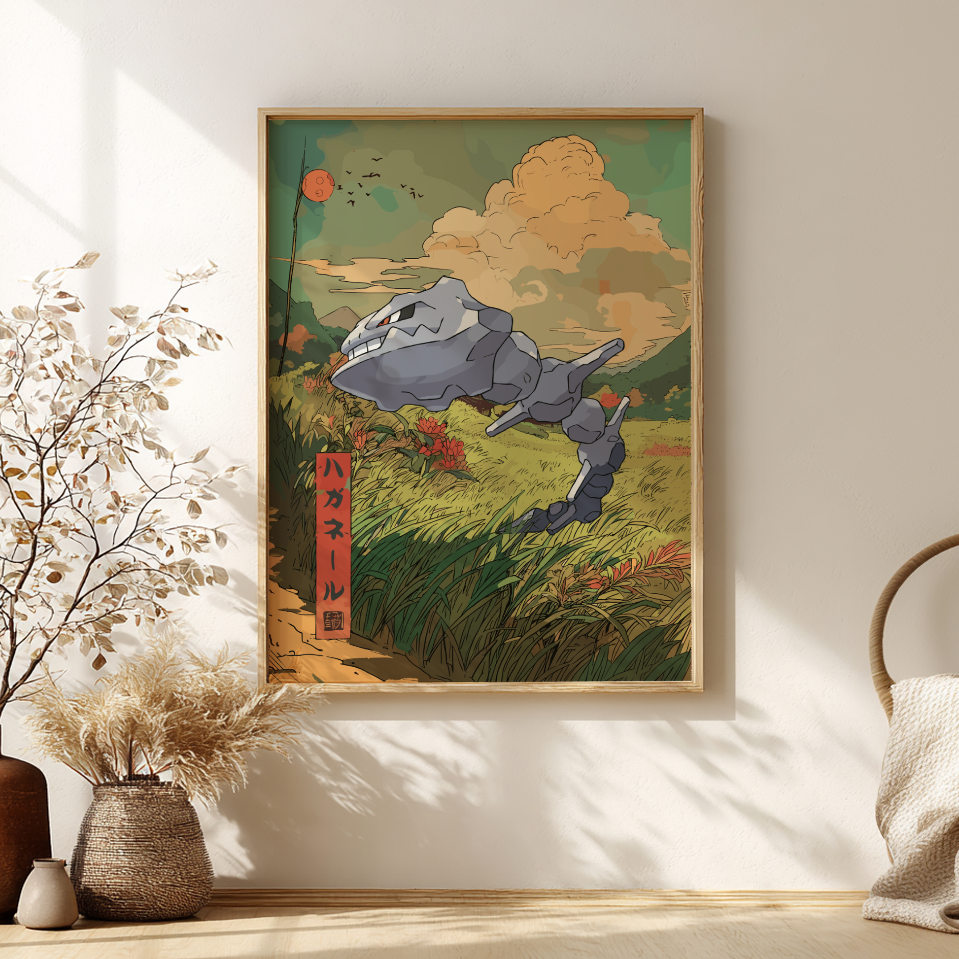 Framed artwork of Steelix Pokemon in a natural setting on a wall with decorative elements.