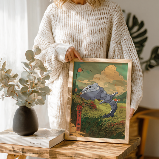 Person holding a framed artwork of Steelix Pokemon in a natural setting