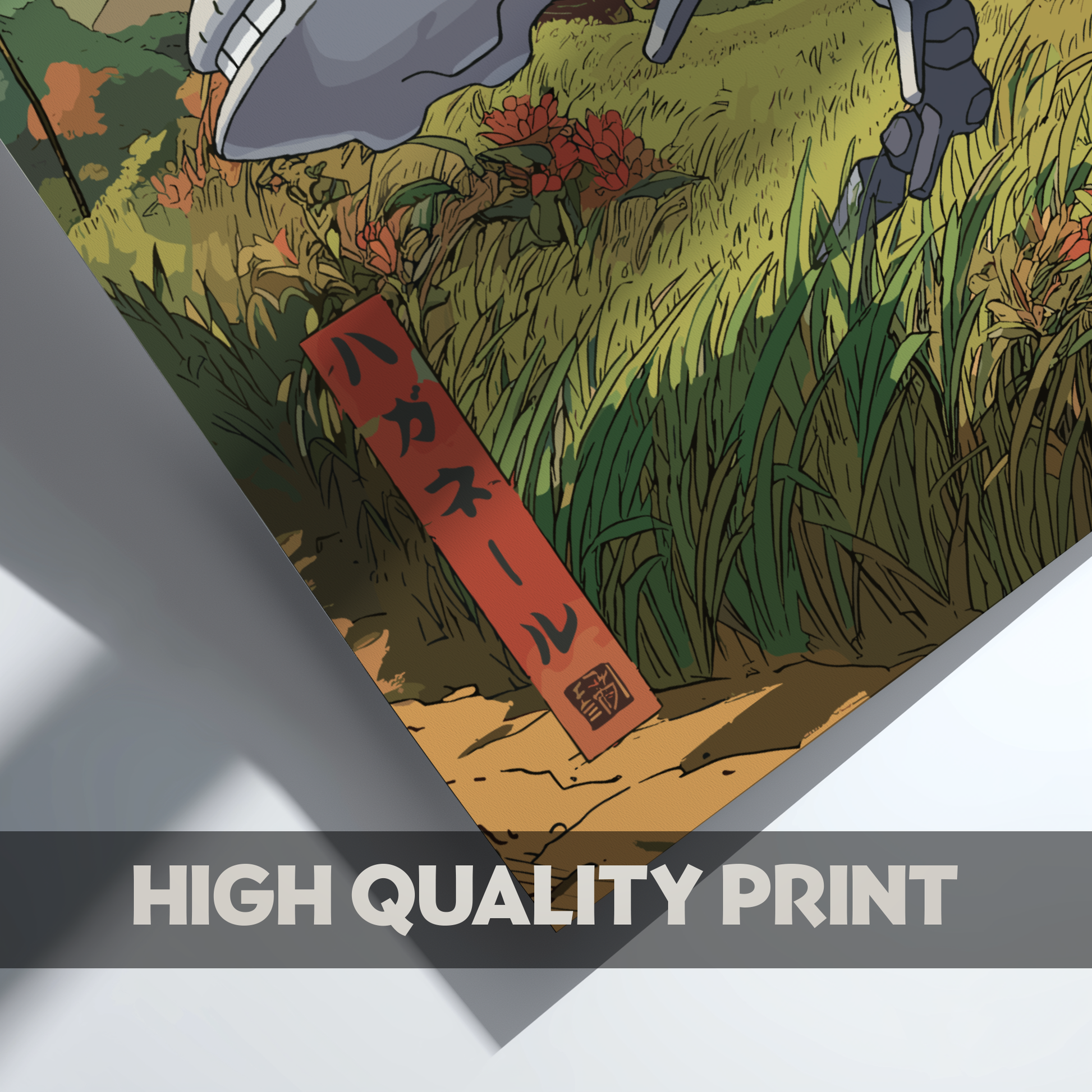 Artistic depiction of Steelix Pokemon in a field with a red sign featuring Japanese text, labeled 'High Quality Print'.