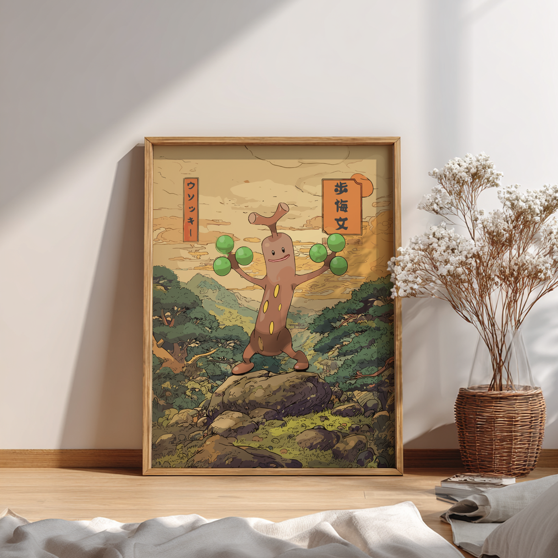 Framed artwork of Sudowoodo Pokemon on a rock with a scenic background, placed on a wooden floor.
