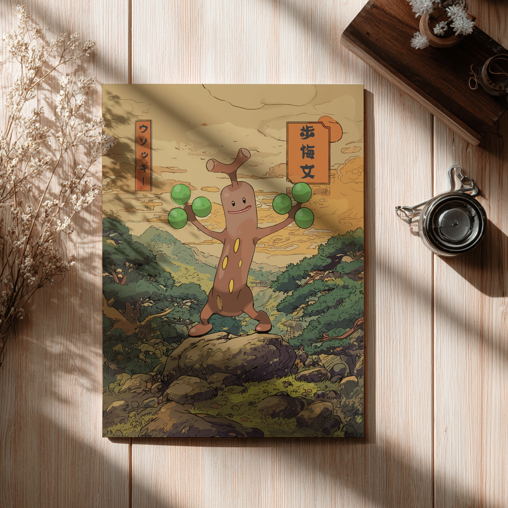 Poswter with Sudowoodo Pokemon on a mountainous landscape cover, placed on a wooden surface.