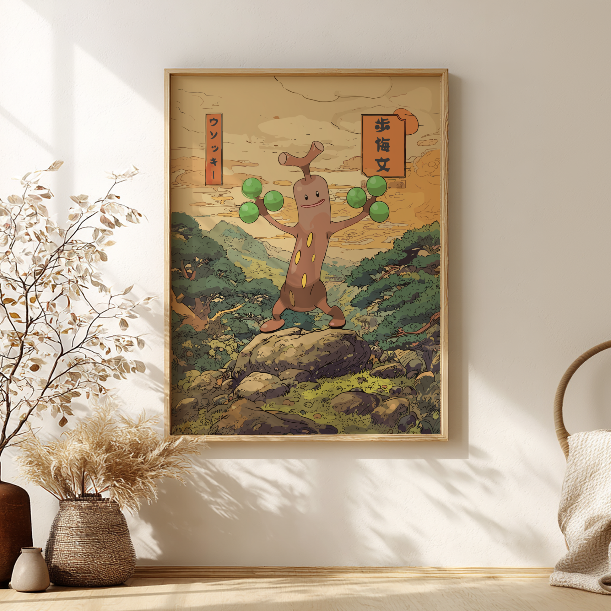 Framed artwork of Sudowoodo Pokemon on a rock with mountains in the background, placed on a wall.