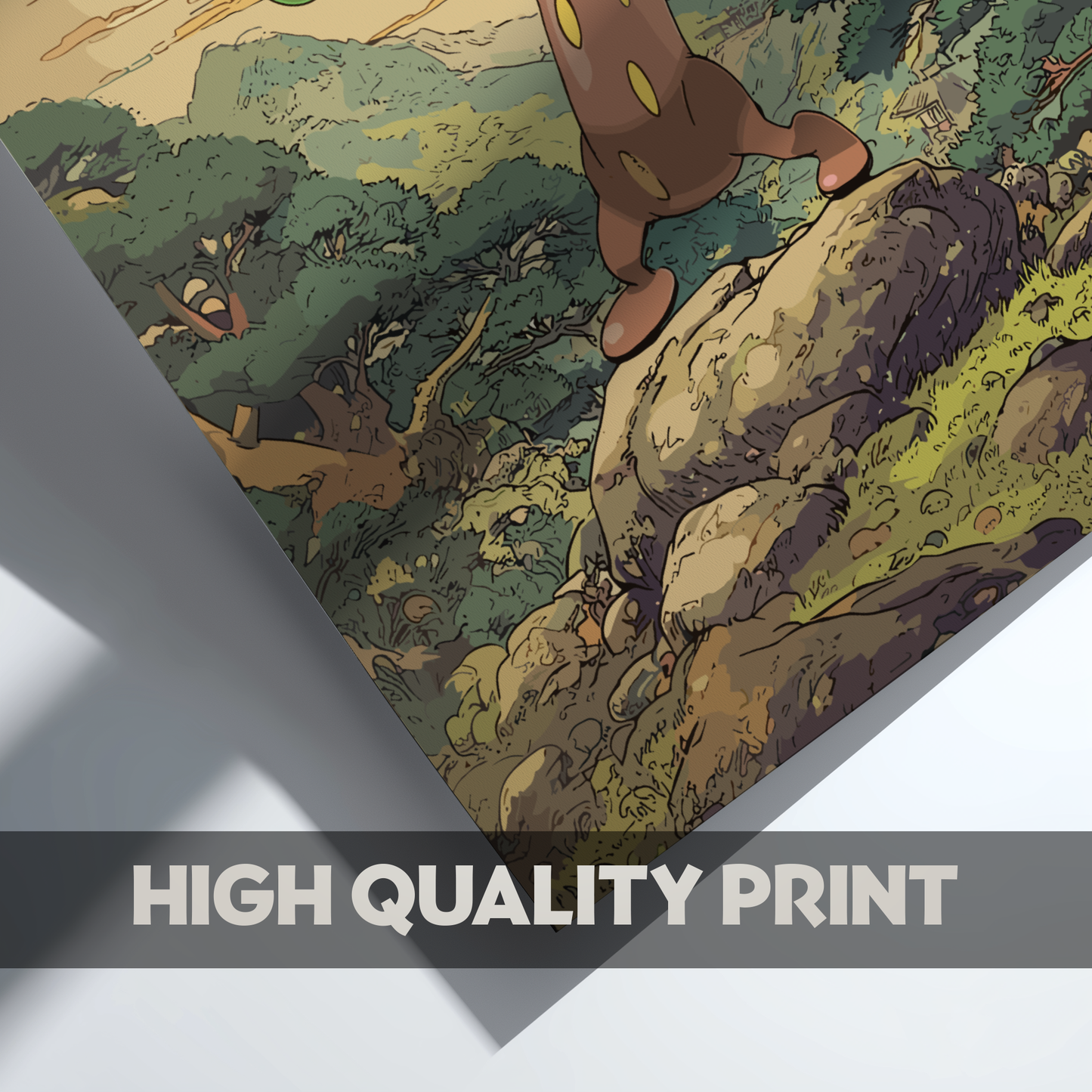 Sudowoodo Pokemon on a rock with a scenic background, labeled 'High Quality Print'.