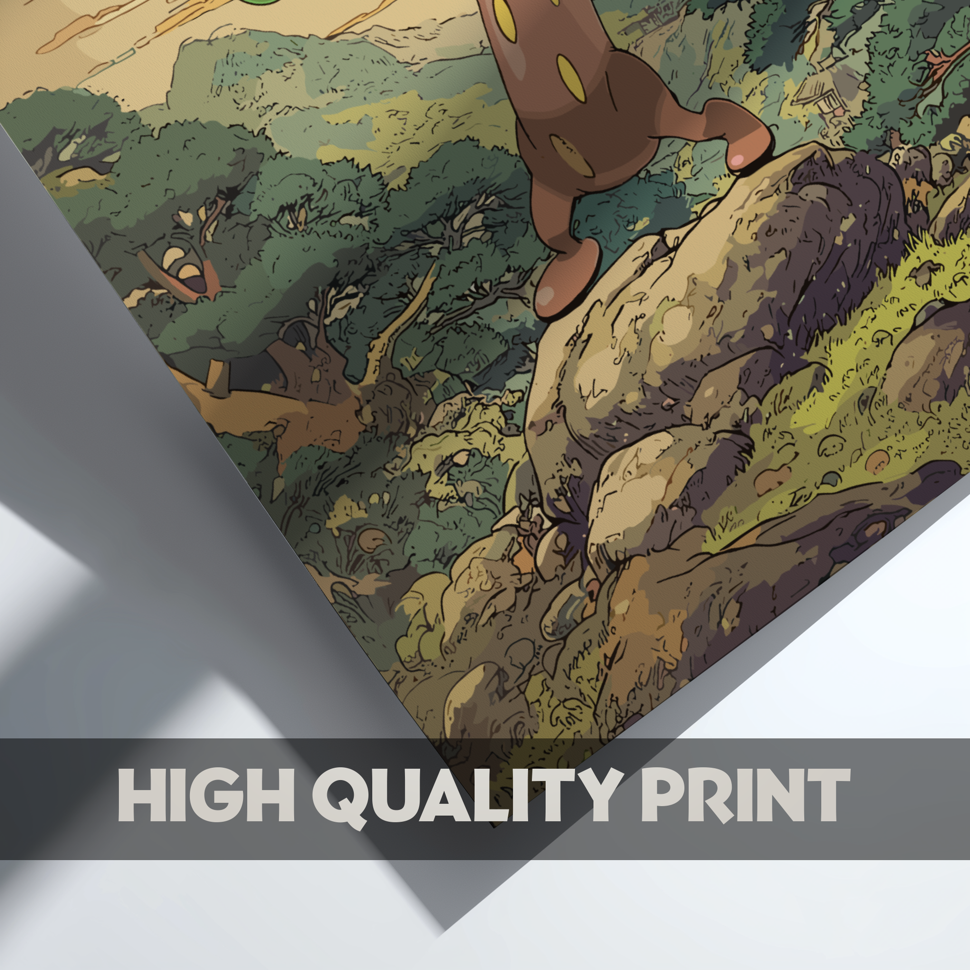 Sudowoodo Pokemon on a rock with a scenic background, labeled 'High Quality Print'.