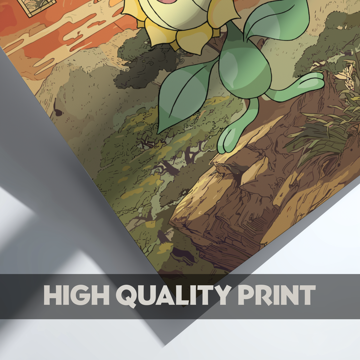 Illustration of Sunflora Pokemon with a sunset background, labeled 'High Quality Print'.