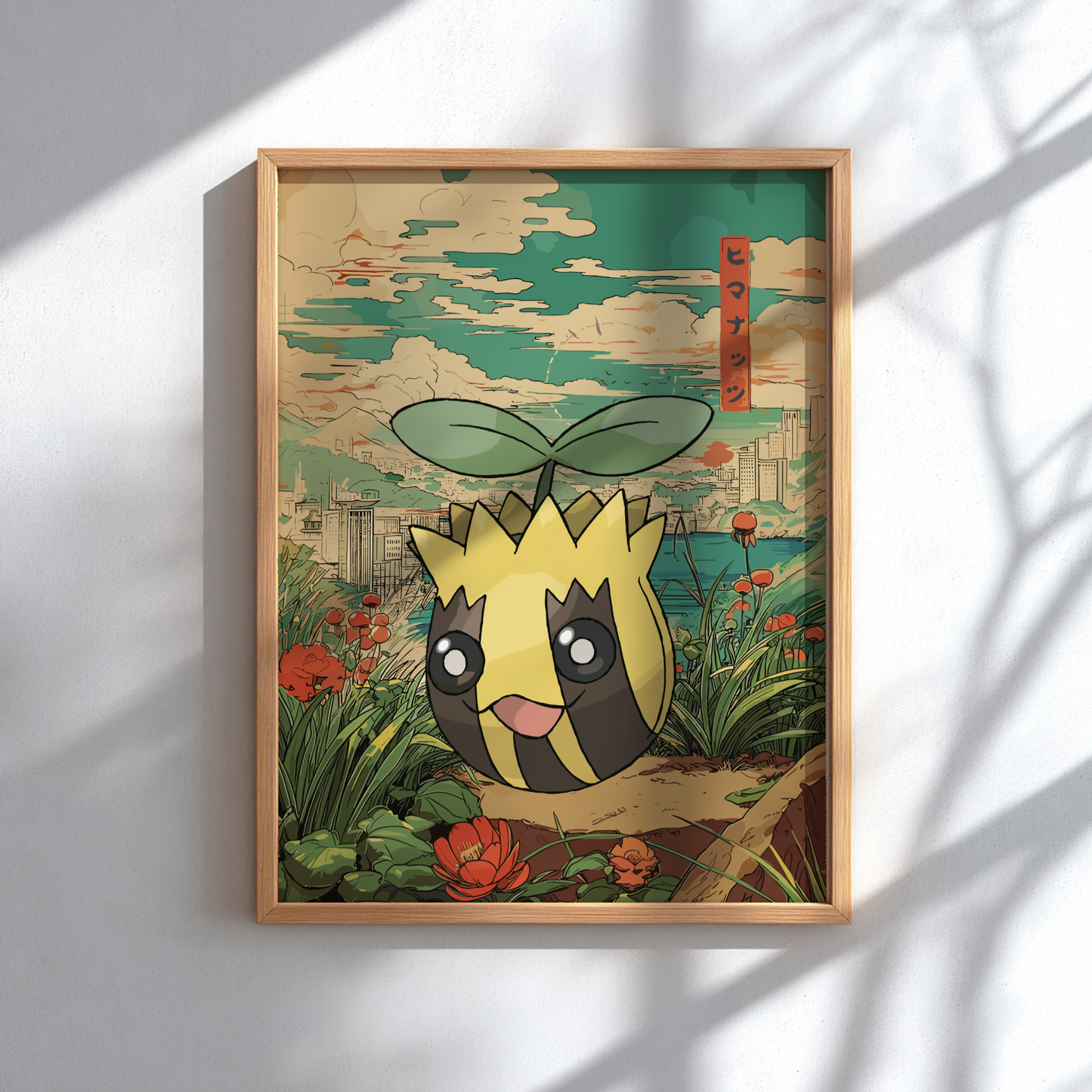Framed artwork of Sunkern Pokemon with a nature-themed background