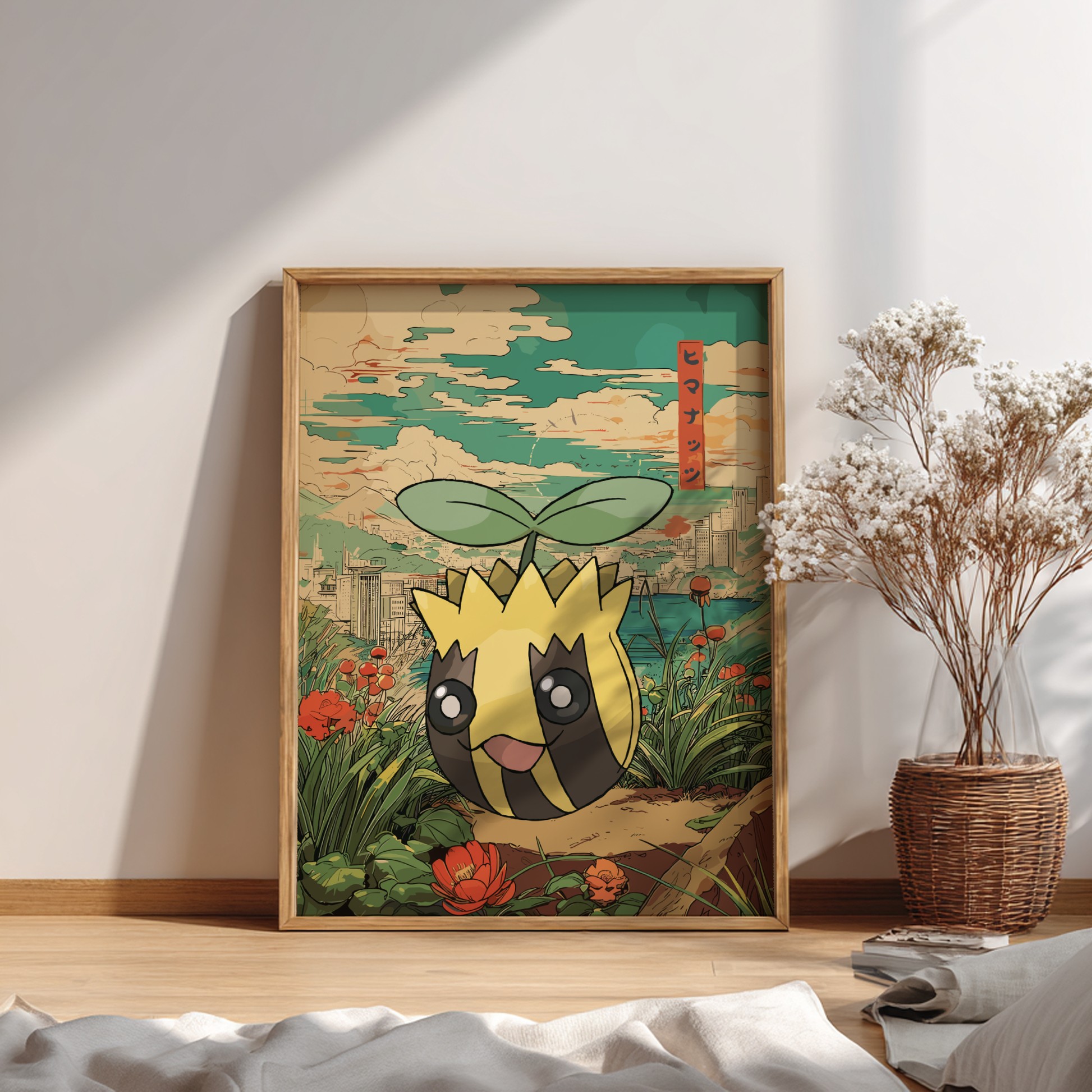 Framed artwork of Sunkern Pokemon with a cityscape background on a wall.