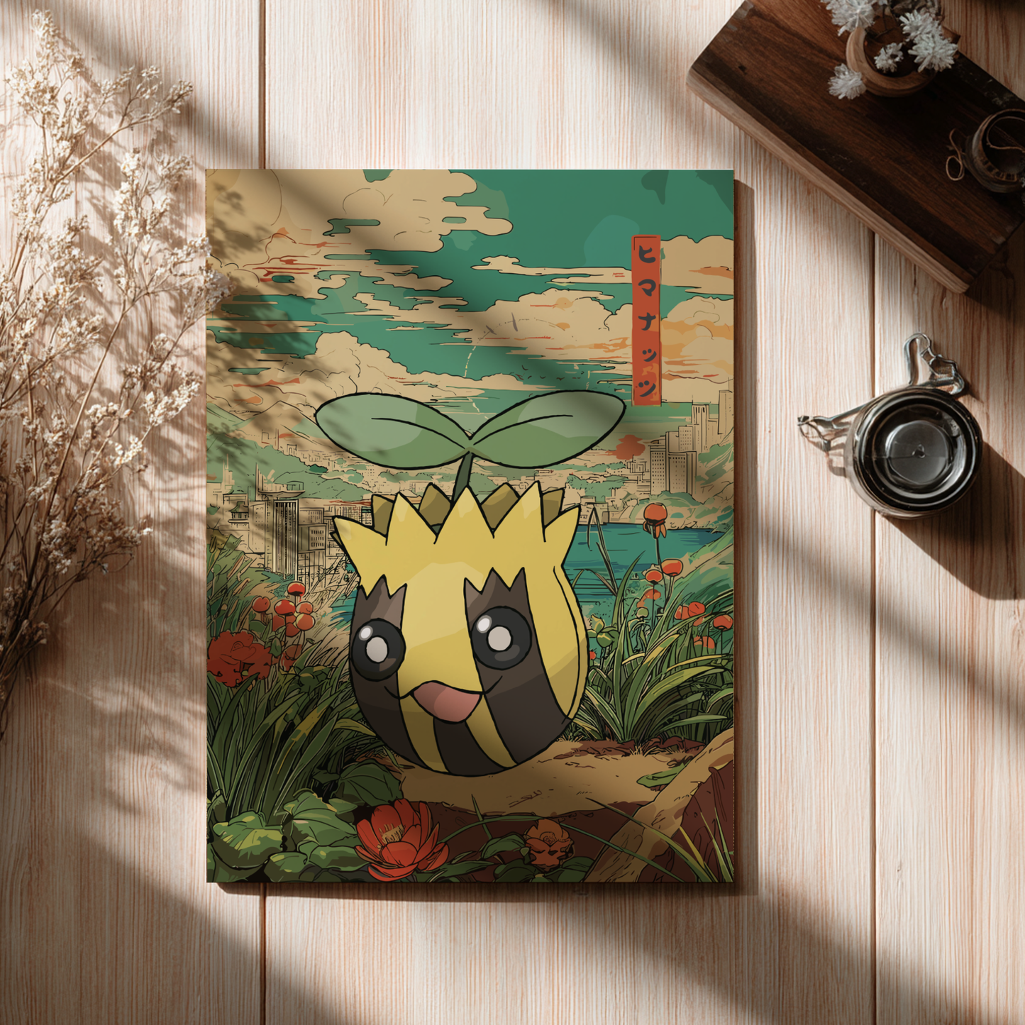 Poster with Sunkern Pokemon on a wooden surface with a plant and cup in the background