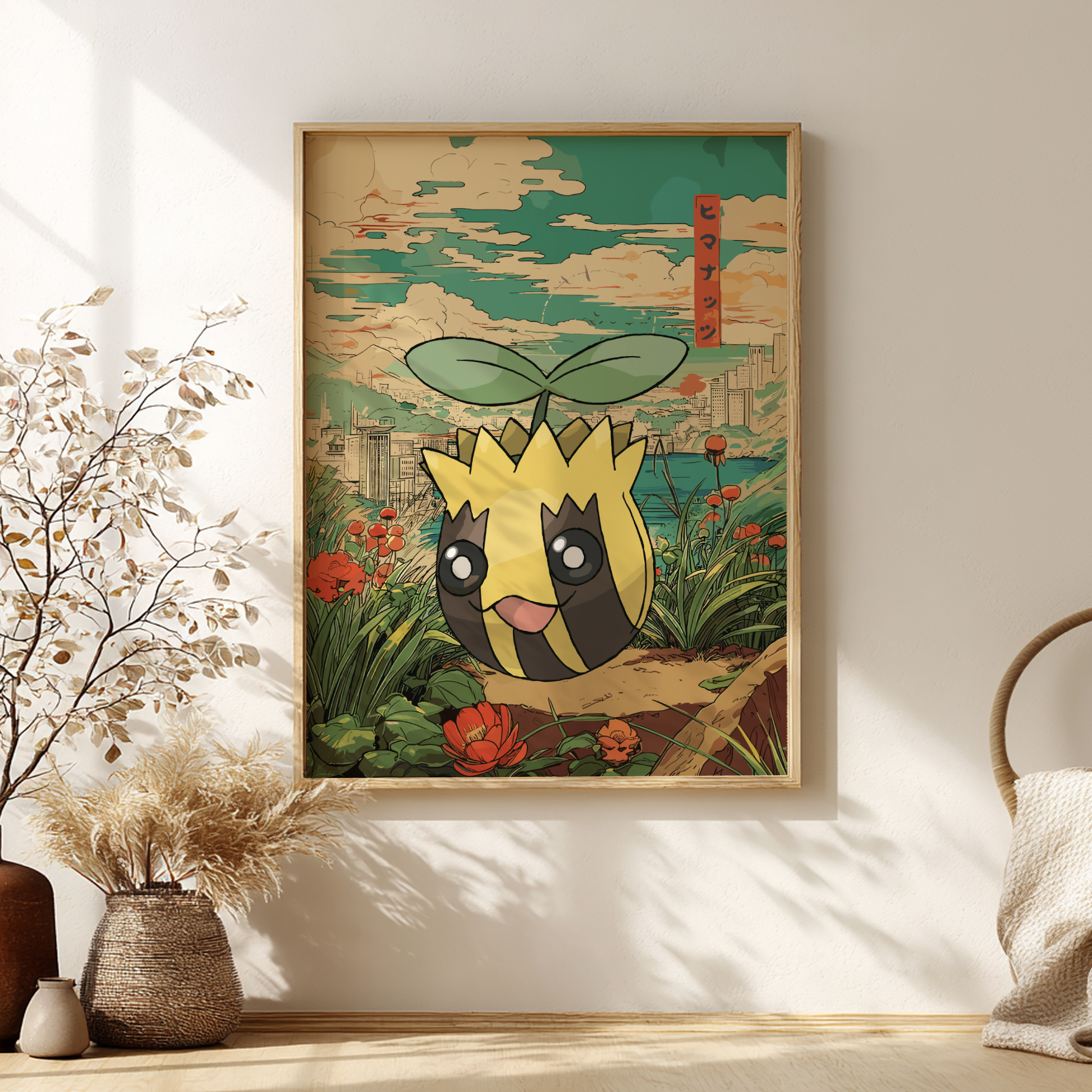 Framed artwork of Sunkern Pokemon in a natural setting on a wall with decorative elements.
