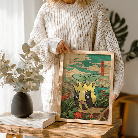 Person holding a framed illustration of Sunkern Pokemon in a natural setting