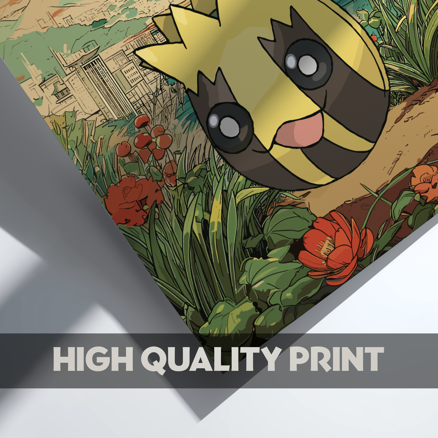 Sunkern Pokemon with a cityscape and nature background, labeled 'High Quality Print'.