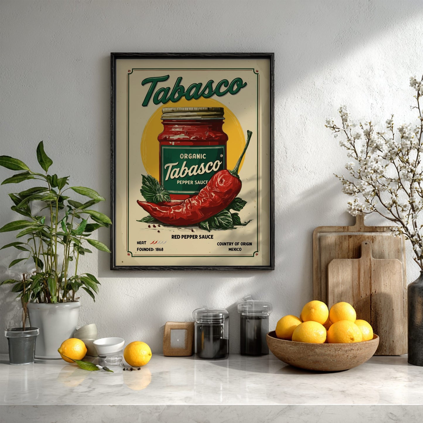 Framed Tabasco sauce poster on a kitchen wall with fruits and plants.