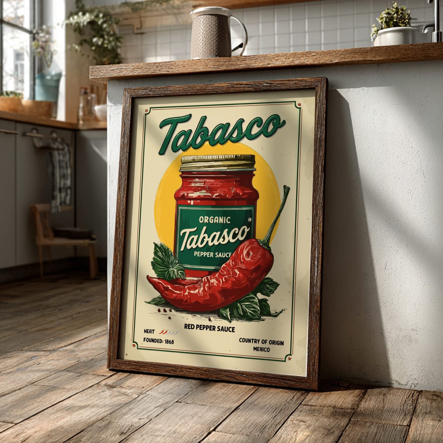 Framed Tabasco sauce poster on a wooden surface in a kitchen setting