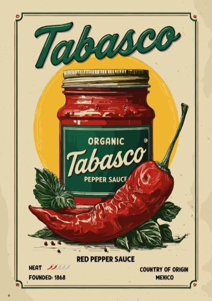 Vintage-style advertisement for Tabasco organic pepper sauce with a red pepper and jar on a beige background.