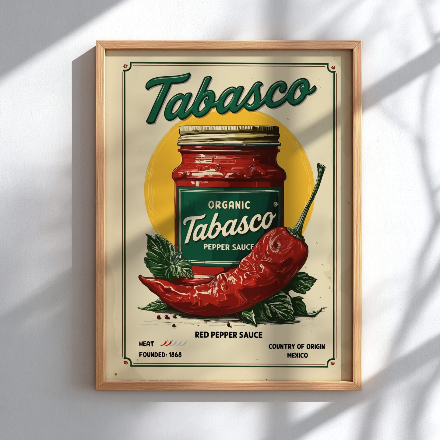 Framed Tabasco sauce poster with a red pepper and green chili on a white background