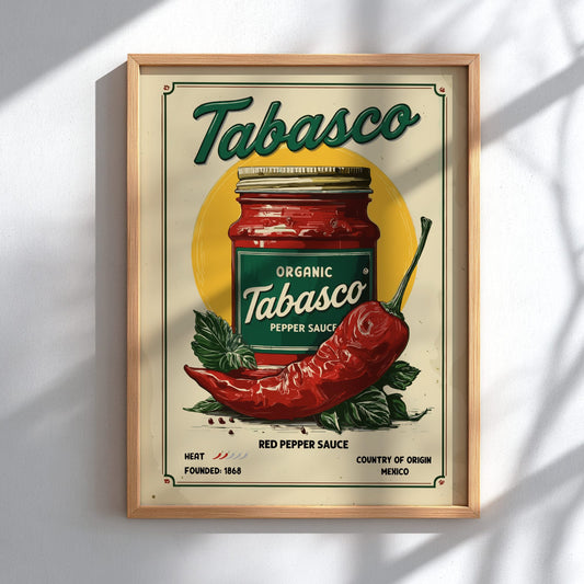 Framed Tabasco sauce poster with a red pepper and green chili on a white background